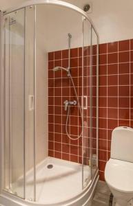 uma casa de banho com um chuveiro e um WC. em STUNNING 2 BEDROOM APARTMENT IN QUITE PART OF RIGA em Riga