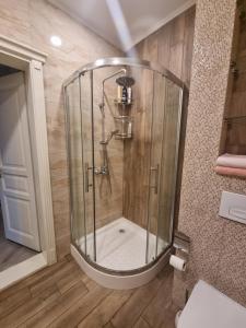 a shower with a glass door in a bathroom at Luxury Stefan cel mare Apartment in Chişinău