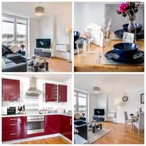 four different views of a kitchen and a living room at Birmingham Skyline Apartment City Centre in Birmingham