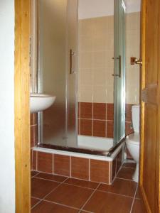 a bathroom with a shower and a sink and two toilets at Chata Čert in Josefuv dul
