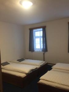 3 camas en una habitación con ventana en Chata Čert en Josefuv dul