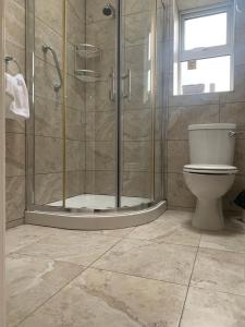 uma casa de banho com um chuveiro e um WC. em Boland's Accommodation Dingle em Dingle