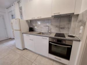 uma cozinha com armários brancos, um lavatório e um frigorífico em Ofrynio Luxury Apartments & Pool em Ofrínion
