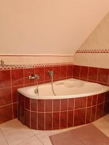 Słoneczny dom في Michałkowa: حوض استحمام في غرفة مع بلاط احمر