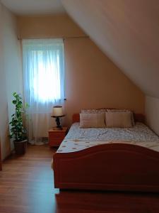 Schlafzimmer mit einem Bett und einem Fenster in der Unterkunft Słoneczny dom in Michałkowa