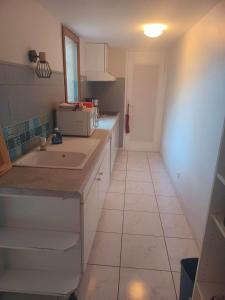 a kitchen with a sink and a counter top at Un petit oasis en plein centre de Céret. in Céret