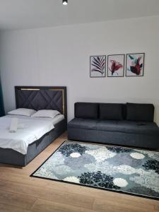 1 dormitorio con cama, sofá y alfombra en Апартаменты в новом доме, en Almaty