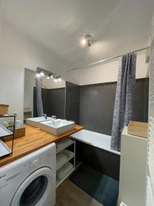 La salle de bains est pourvue d'un lavabo et d'un lave-linge. dans l'établissement « Esprit cosy », terrasse, piscine, proche Lyon, à Tassin-la-Demi-Lune