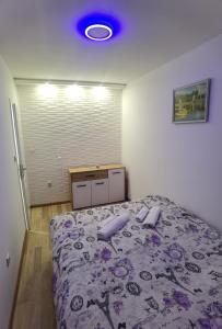 1 dormitorio con 1 cama con manta morada en Apartment Splendid, en Belgrado