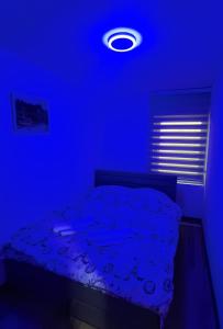 1 dormitorio azul con 1 cama y luz azul en Apartment Splendid, en Belgrado