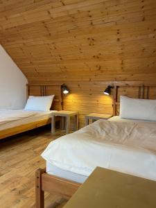 Duas camas num quarto com tectos em madeira em Apartmány Modrý Dom em Podhájska mais 92 fotografias