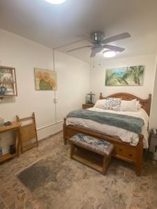 a bedroom with a bed and a ceiling fan at Dolphin Beach Get Away in Rosarito