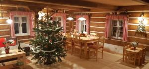 un árbol de Navidad en una habitación con mesa y sillas en Chalupa Čistá v Krkonoších 8 en Cerny Dul