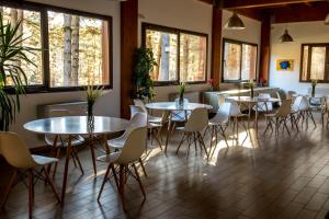 a restaurant with tables and chairs and windows at Parco Hotel Granaro in Sorbo San Basile