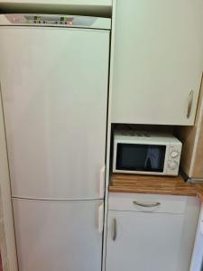 a small kitchen with a microwave and a refrigerator at El ático de la Gorga in Boltaña