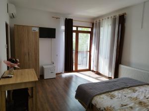 1 dormitorio con cama, escritorio y ventana en Pensiunea Florilor Satu Mare, en Satu Mare