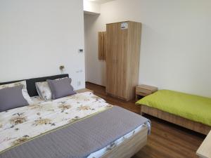1 dormitorio con 2 camas y armario verde en Pensiunea Florilor Satu Mare, en Satu Mare