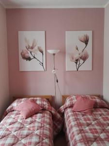 2 Betten in einem Schlafzimmer mit rosa Blumen an der Wand in der Unterkunft Casa Vacanze Le tre Sorelle in Torre Pellice