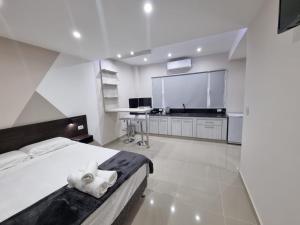 a bedroom with a bed and a kitchen with a tv at Suite La Posta in San Salvador de Jujuy