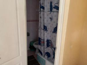 a bathroom with a shower curtain with cats on it at Villa Yaryna in Truskavets