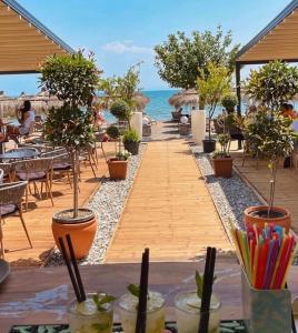 a wooden boardwalk with potted plants on a beach at Vila Andrra in Struga