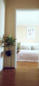 ein Schlafzimmer mit einer Topfpflanze vor einem Bett in der Unterkunft Fruza family apartment in Riga in Riga