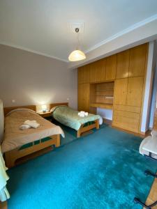 1 dormitorio con 2 camas y alfombra azul en Sitara's House en Karpenision