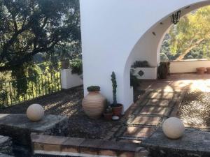 une voûte avec un vase et des plantes en pot sur une terrasse dans l'établissement Villa Carmen Magnificent Country House in Serranía, à Ronda