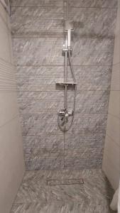 um chuveiro na casa de banho com uma parede de pedra em Євроапартаменти з парковкою em Rivne