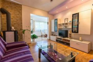 a living room with a purple couch and a tv at Apartment Nikolina in Vinišće