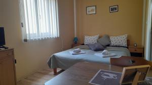a bedroom with a bed with two pillows on it at Sun and river Apartments in Golubac
