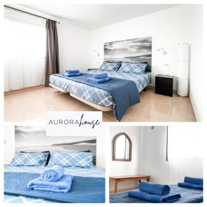 kolaż trzech zdjęć sypialni z dwoma łóżkami w obiekcie Aurora House w Corralejo