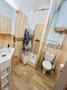 uma casa de banho com um WC, um lavatório e um chuveiro em Appartement T2 - 4 couchages em La Garde