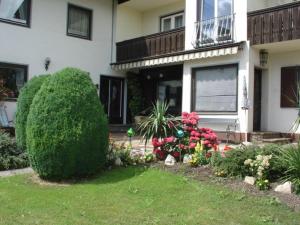 un gran arbusto frente a una casa con flores en Pension Katharina, en Seeboden