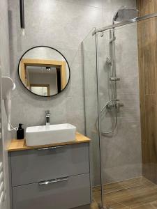 uma casa de banho com um lavatório e um chuveiro com um espelho. em Apartamenty WIERCHY em Klikuszowa