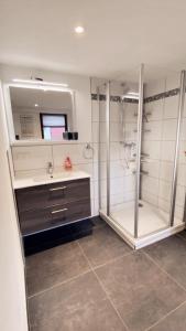 La salle de bains est pourvue d'une douche, d'un lavabo et d'un miroir. dans l'établissement Pension Alice, à Apfelstädt