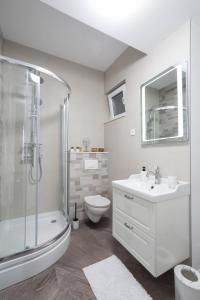 a bathroom with a shower and a toilet and a sink at Finn Luxury Suites in Split