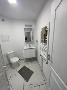 een witte badkamer met een toilet en een wastafel bij Jokai Apartments Nr2,code entry in Sfântu-Gheorghe