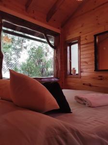 Cama en habitación de madera con ventana en Cabaña en Bosque Nativo en San Carlos de Bariloche