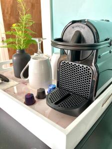 a toaster sitting on top of a counter with a plant at La Plage Motel in Berthier-sur-Mer