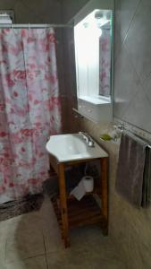 baño con lavabo y cortina de ducha en Alojamiento Los Robles en Olavarría