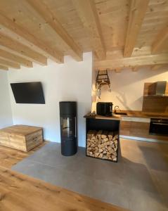 ein Wohnzimmer mit einem Holzofen und einer Theke in der Unterkunft Ferienhaus Karlchen in Oberaichwald