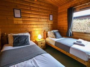 2 camas en una cabaña de madera con ventana en Valley View, en Rhayader