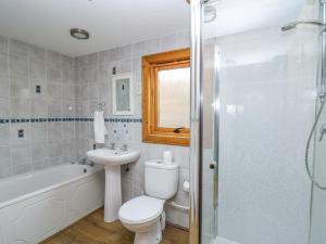 a bathroom with a toilet and a sink and a shower at Valley View in Rhayader
