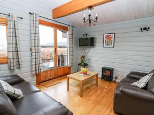 a living room with a couch and a table at Snowy Owl Lodge in Rhayader