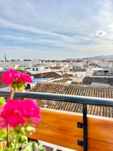 a view of a city from a balcony with pink flowers at PISO EN EL CENTRO DE VELEZ MALAGA in Vélez-Málaga