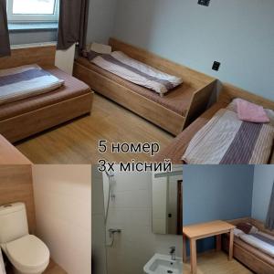 Hostel GREY في موكاشيفو: ثلاث صور لغرفة بسريرين وحمام