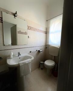 une salle de bain avec un lavabo, des toilettes et un miroir dans l'établissement Villa CorteOlivo Rooms, à Torri del Benaco