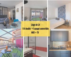 a collage of four pictures of a room at CABANA & Mâcon Rive Gauche in Mâcon