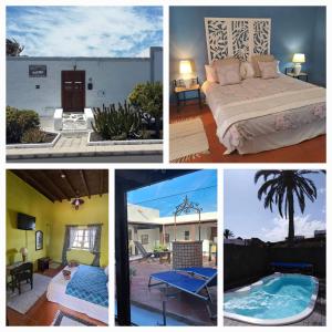 a collage of pictures of a bedroom and a pool at Casona La Orilla 1908 Tías in Tías